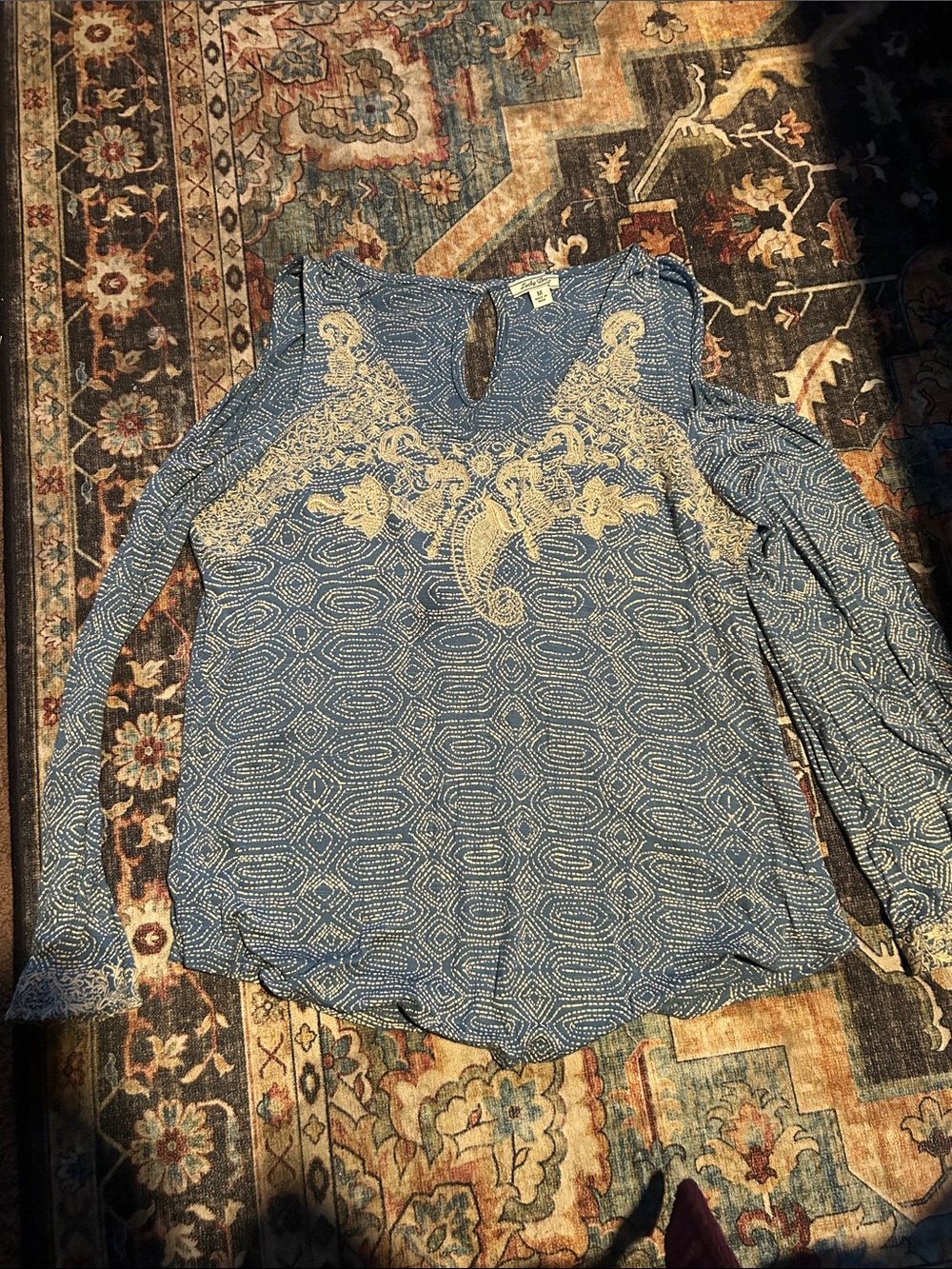 Lucky Brand Blue Printed Lace-Trim Blouse
